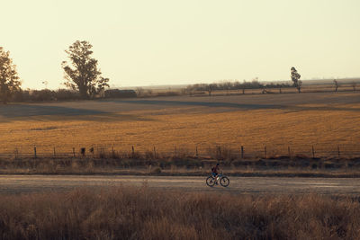 Man cycling at the distance in rural area