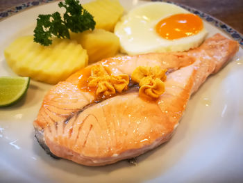 High angle view of breakfast served in plate