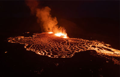 Aerial drone image of meradalir eruption of fagradalsfjall volcano in iceland 2022