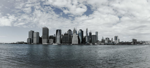 Panoramic view of modern buildings in city against sky