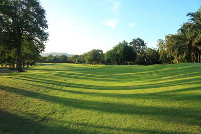 Scenic view of golf course against sky