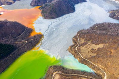 High angle view of volcanic landscape against sky