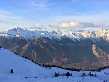 Scenic view of snowcapped mountains against sky