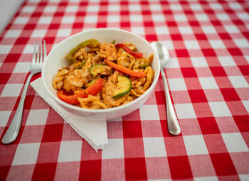 High angle view of food served on table