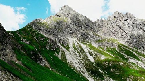 Low angle view of snow covered mountain against sky