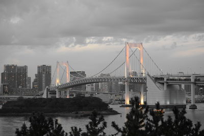 Bridge over river with city in background