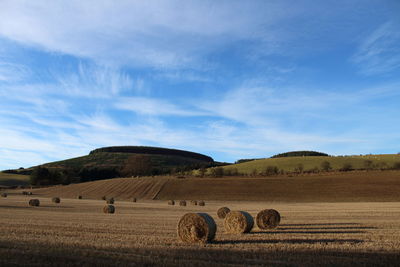 Hay bales on landscape against sky