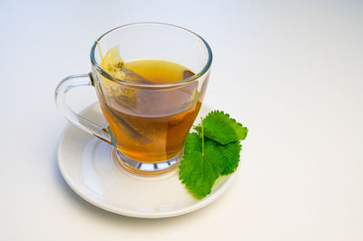 Nettle infusion in transparent cup, a sachet in water, a white saucer  and nettle leaves. 