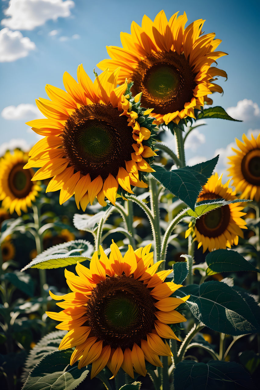 sunflower, flower, plant, flowering plant, flower head, beauty in nature, freshness, nature, growth, yellow, inflorescence, petal, sunflower seed, fragility, sky, close-up, cloud, pollen, no people, field, outdoors, rural scene, day, land, landscape, botany, agriculture, plant part, focus on foreground, sunlight, asterales, leaf, summer, springtime, blossom