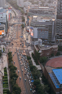 High angle view of street amidst buildings in city