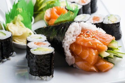 High angle view of sushi served in plate