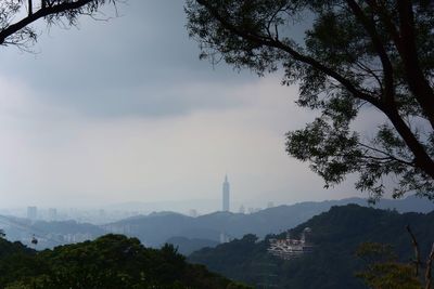 Trees and buildings against cloudy sky