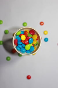 High angle view of multi colored balls on table