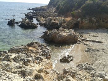 Rocks on sea shore against sky