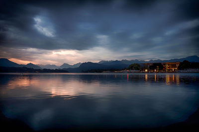 Scenic view of lake against sky at sunset