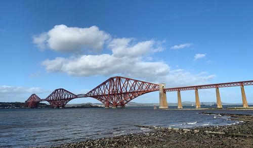 View of iron bridge against blue and cloudy sky. the forth bridge,