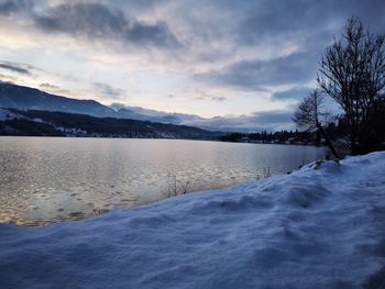 Scenic view of lake and snowcapped mountains against sky