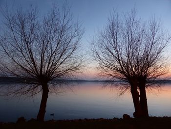 Silhouette bare tree by lake against sky during sunset