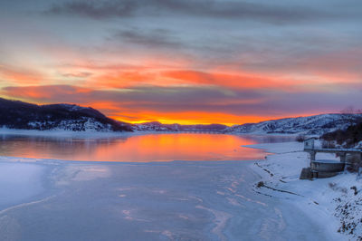 Scenic view of snow covered mountains against sky during sunset