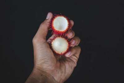 Close-up of hand holding apple against black background