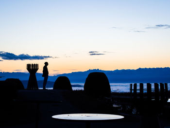 Silhouette people by sea against clear sky during sunset