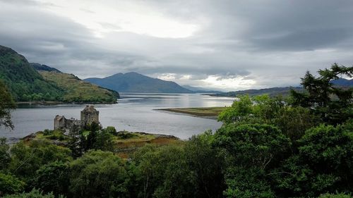 Scenic view of lake against cloudy sky