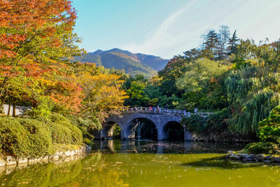 Arch bridge over lake against sky during autumn