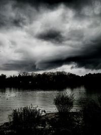 Scenic view of lake against cloudy sky