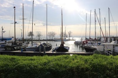 Boats moored at harbor against sky