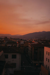 High angle view of townscape against sky at sunset