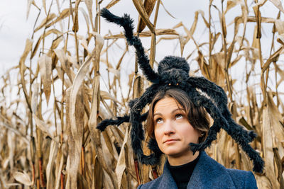 Huge shaggy black toy spider on the head of a woman in a cornfield. halloween decor concept