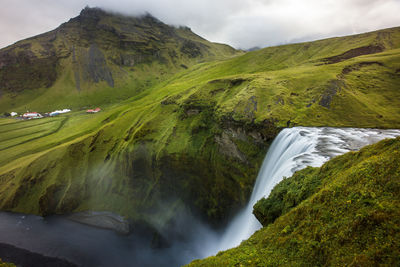 A long exposure view captured from the top of skogafoss waterfall.