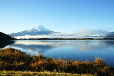 Scenic view of lake against blue sky