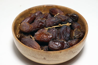 Close-up of fresh slices in bowl against white background