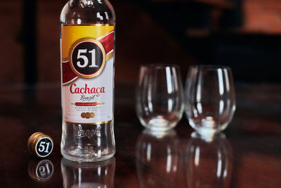 Close-up of wine glasses on table