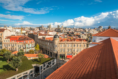 High angle view of town against sky