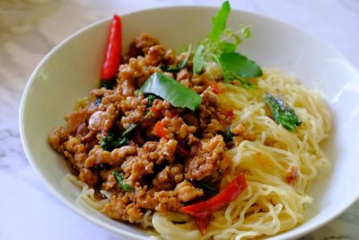 High angle view of noodles served in bowl
