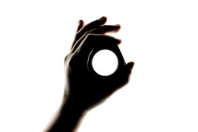Close-up of hand holding leaf against white background