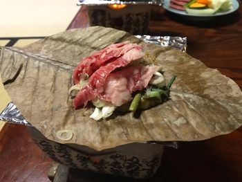 High angle view of meal served on table