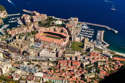 High angle view of buildings in city