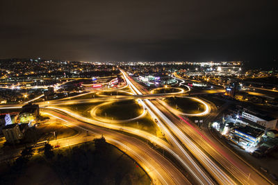 High angle view of illuminated city at night