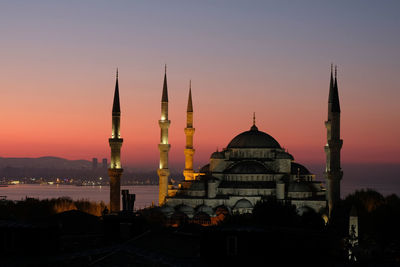 Sultan ahmed mosque at sultanahmet district against clear sky during sunset