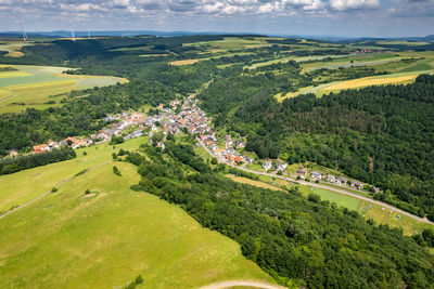 Aerial view of a landscape in rhineland-palatinate on the river glan with the village jeckenbach