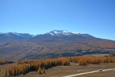 Scenic view of mountains against clear blue sky