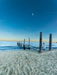 Wooden posts on beach against sky