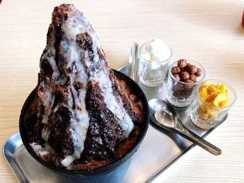 High angle view of dessert in plate on table