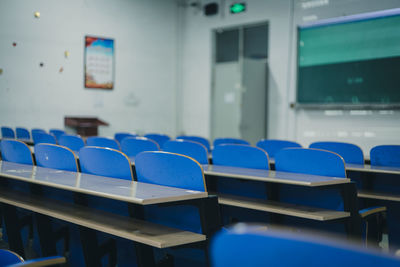 Empty chairs and tables in room