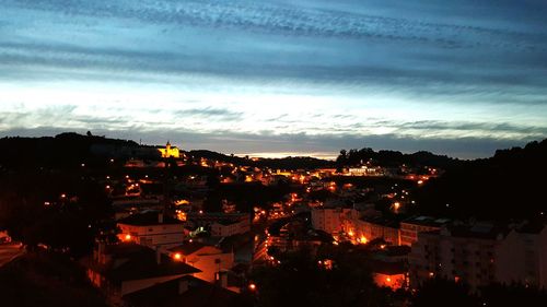 High angle view of town against sky at sunset