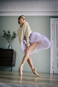 Charming ballerina poses showing her legs in the room in front of the mirror in pointes and tutu