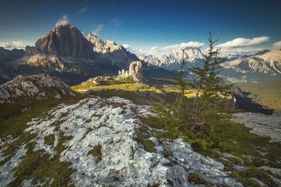 Scenic view of snowcapped mountains against sky